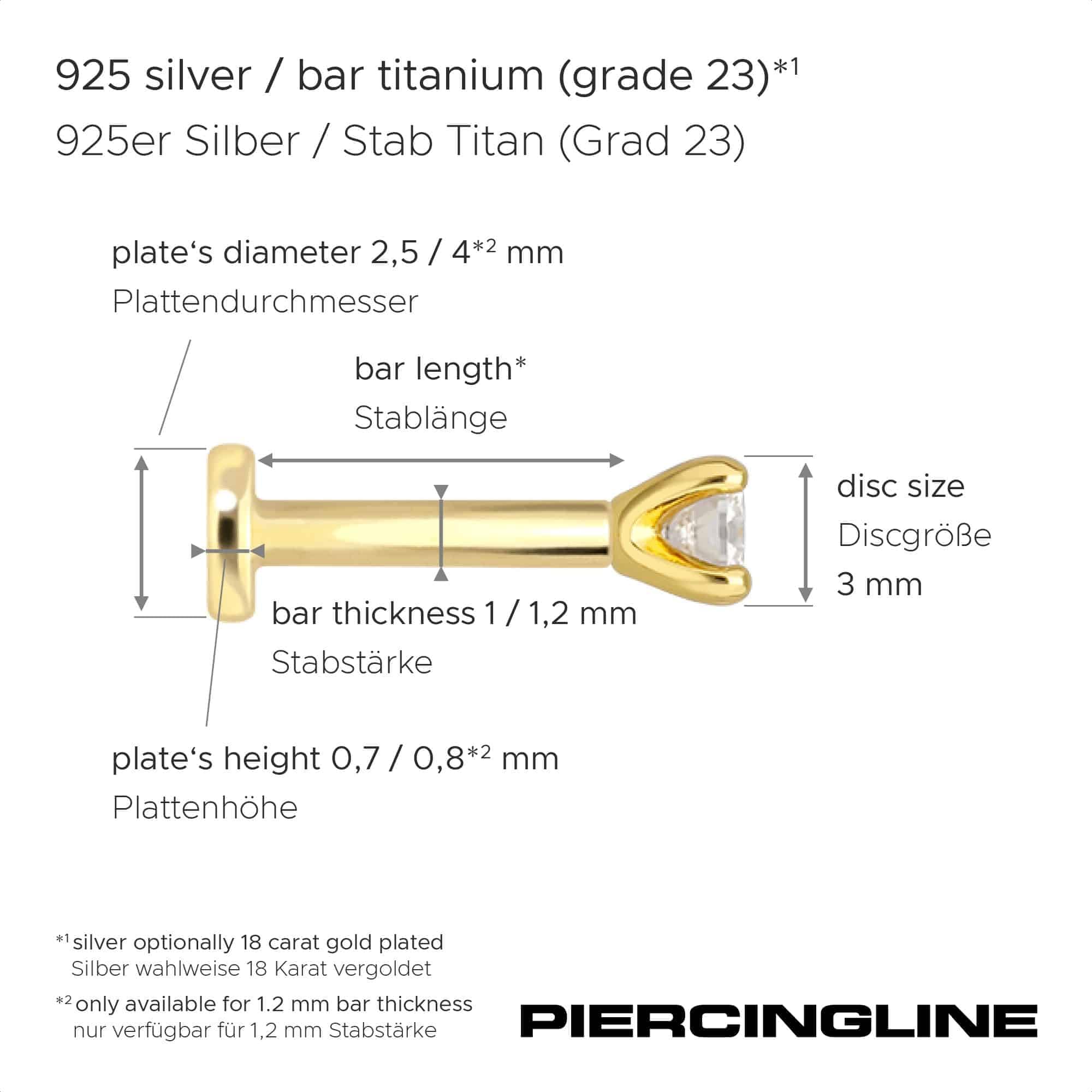 PIERCINGLINE Piercing Stecker Titan Labret mit Innengewinde + 925er Silber Aufsatz MOISSANIT - Goldfarben, Silberfarben