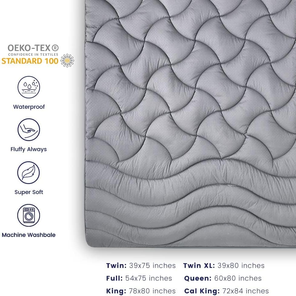 SLEEP ZONE Waterproof Twin Mattress Pad, Soft Mattress Topper, Fitted Mattress Protector Cover with Elastic Deep Pocket 8-21"(Gray, 39x75