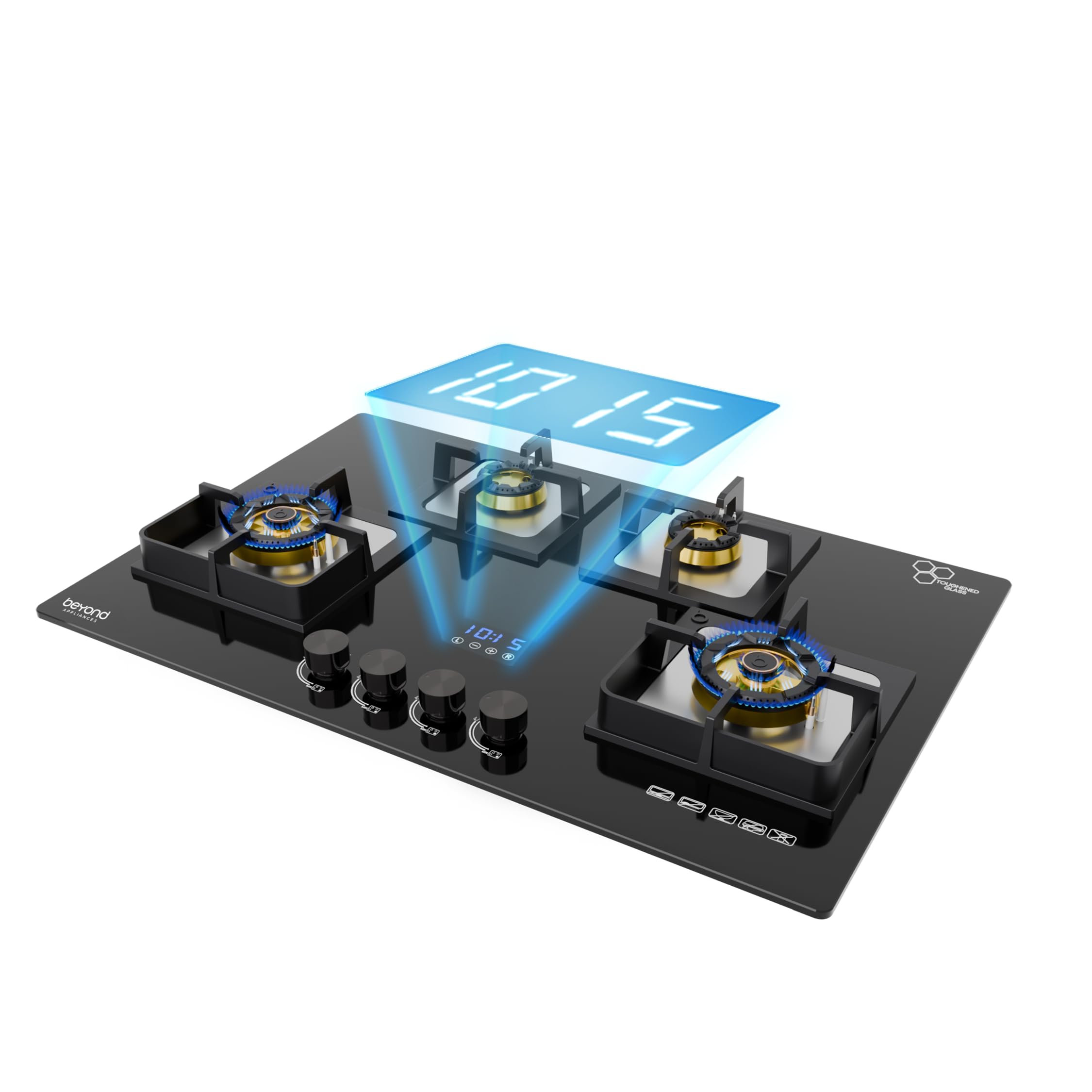 Beyond Appliances Smart Timer Dorado Hobtop, Flame Failure Device, Hybrid Functionality, Auto-Ignition, Glass-top Gas Stove (4 Burner)