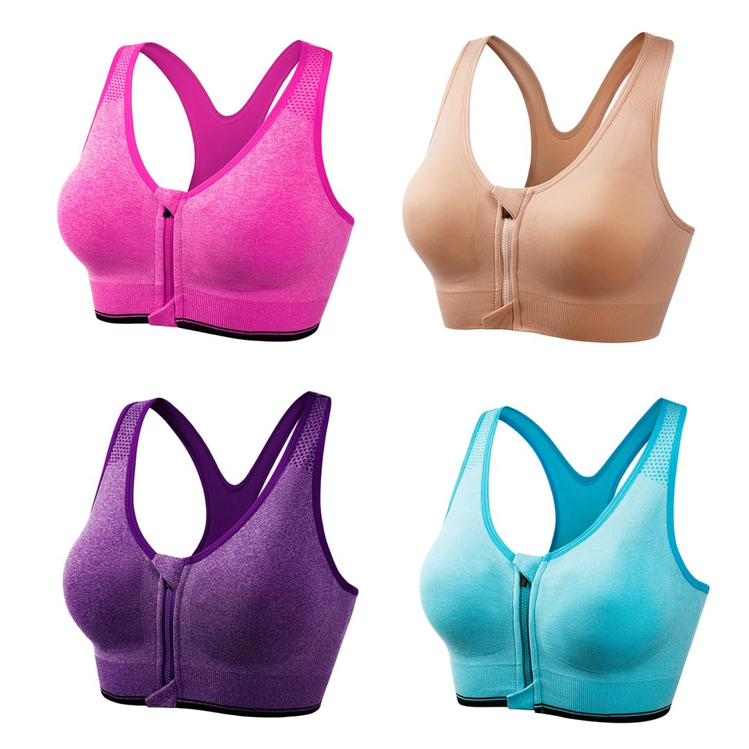 Women's Zipper Front Sports Bras 4 Pack Wireless Post-Surgery Bra with Removable Cups for Yoga & Activewear Bra