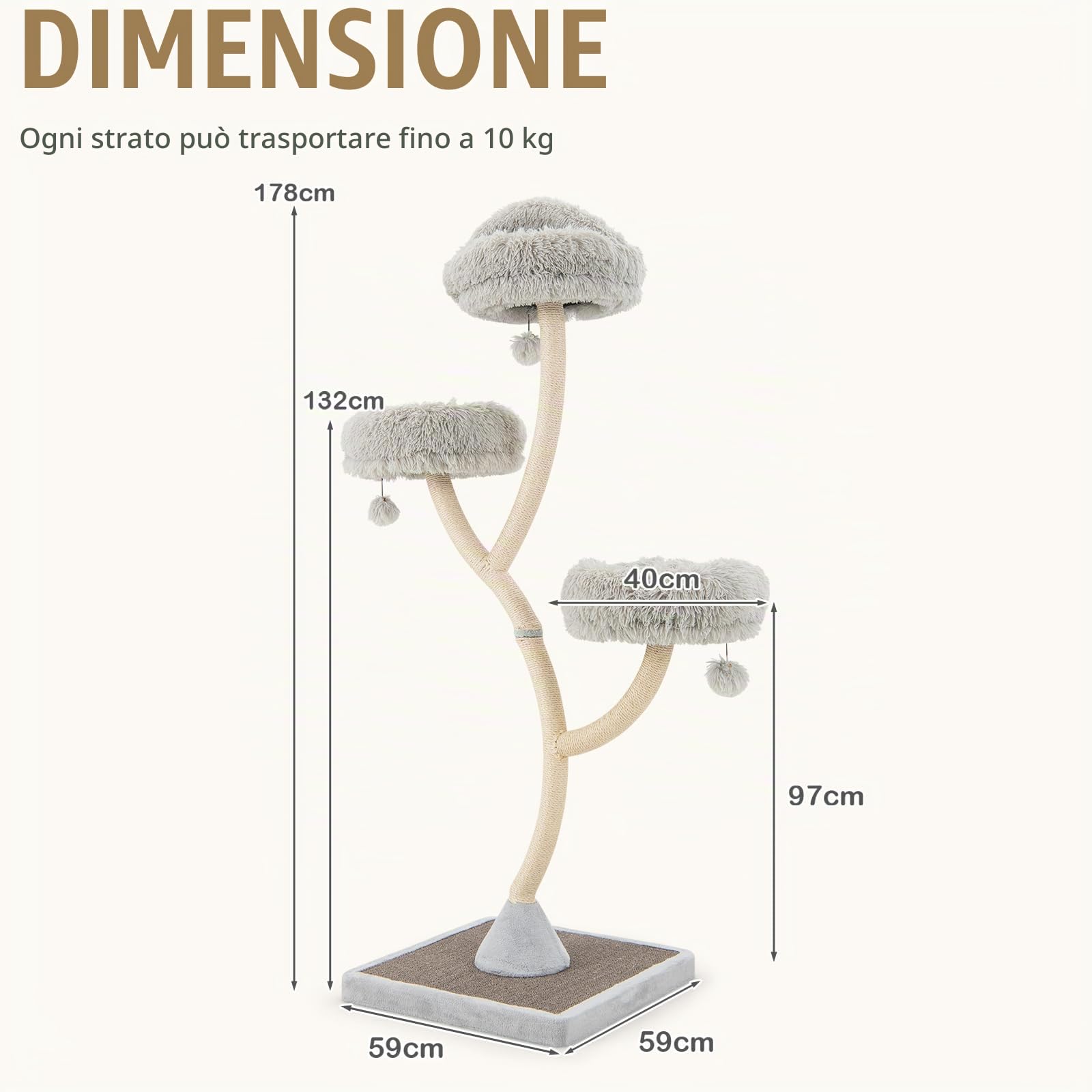 SOARS Albero Tiragraffi per Gatto Alto 180 cm a 4 Livelli, Albero per Gatti Forma di Rami con 3 Nidi e Pompon, Torre Gatti Struttura in Metallo e Base in Sisal, 59 x 59 x 178 cm (Grigio)