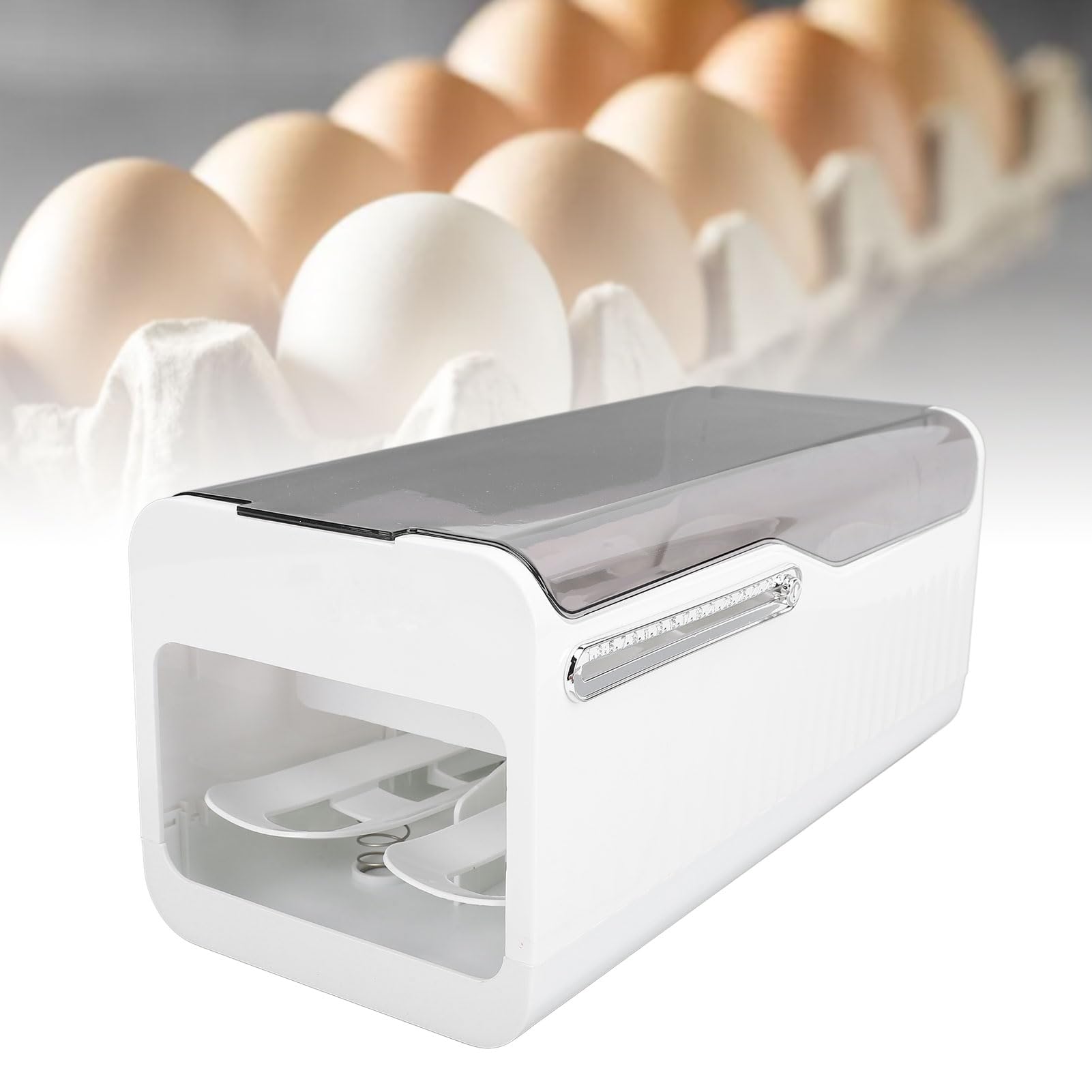Portauova per frigorifero, contenitore organizer per dispenser di uova con arrotolamento automatico con coperchio, vassoio per frigorifero in PP per uso alimentare, organizer da