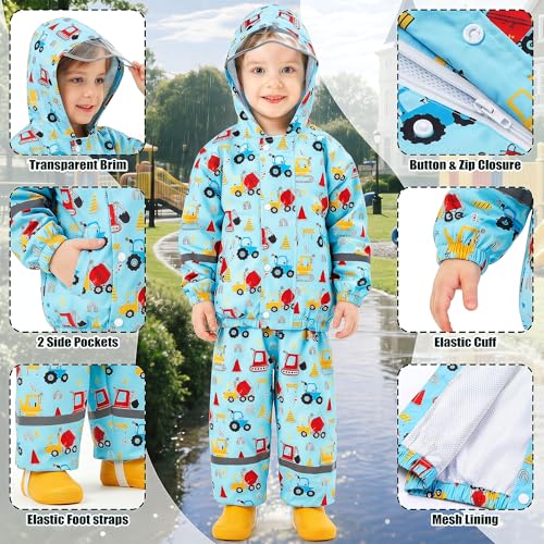 Baogaier Regenanzug für Kinder, Jungen Wind und wasserdicht Netzfutter Regenjacke & Regenhose Regenmantel mit Reflektor Regenset Regendichte Matschanzug Regenkleidung 2-3 Jahre, Hellblaues Auto