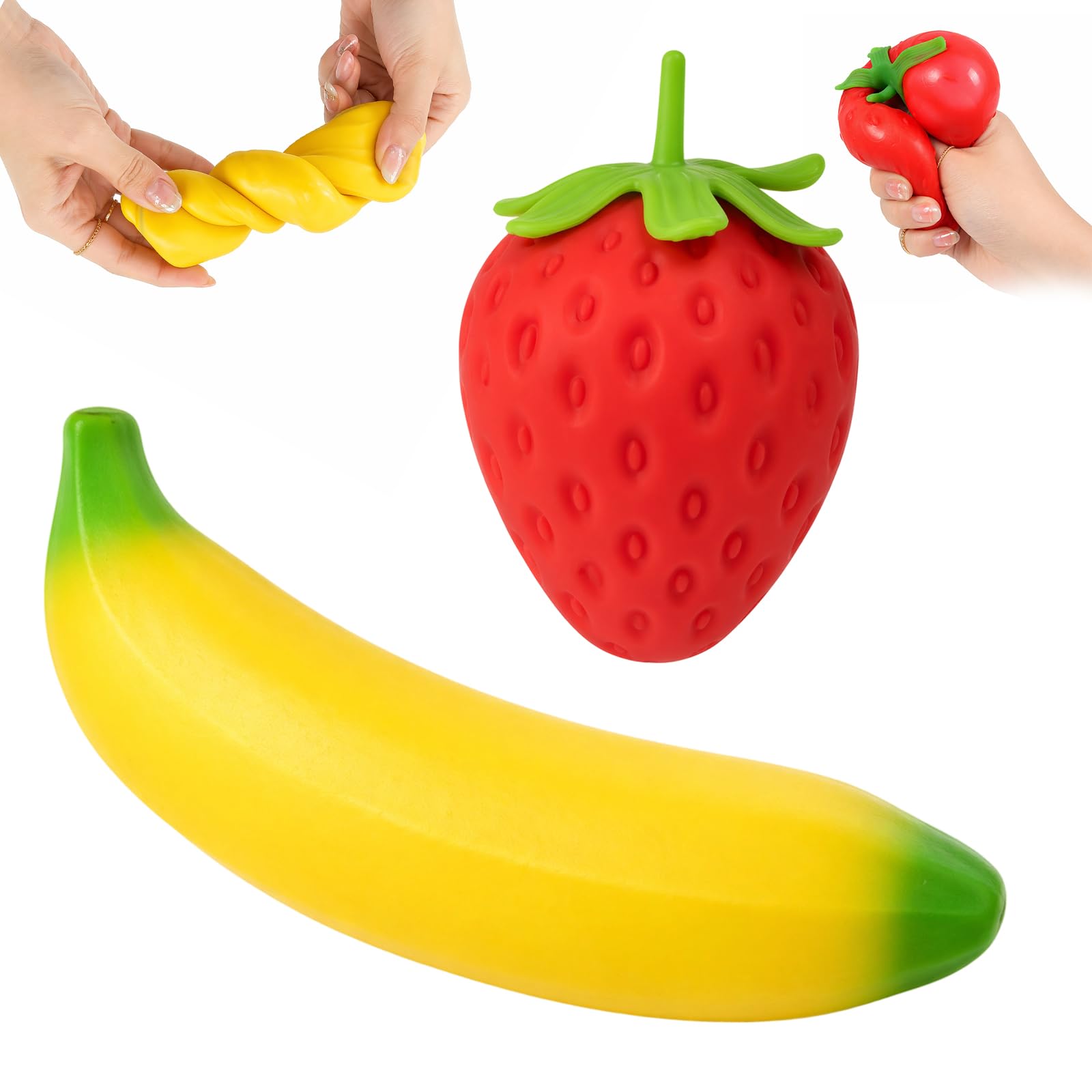 WitMbg 2 PCS Banana and Strawberry Slow Rise Fidget, Adult Stress Relief and Focus Enhancement, Realistic 3D Shapes for Desk Fidgeting and Travel Companion, 18cm Banana and Strawberry Stress Ball Set