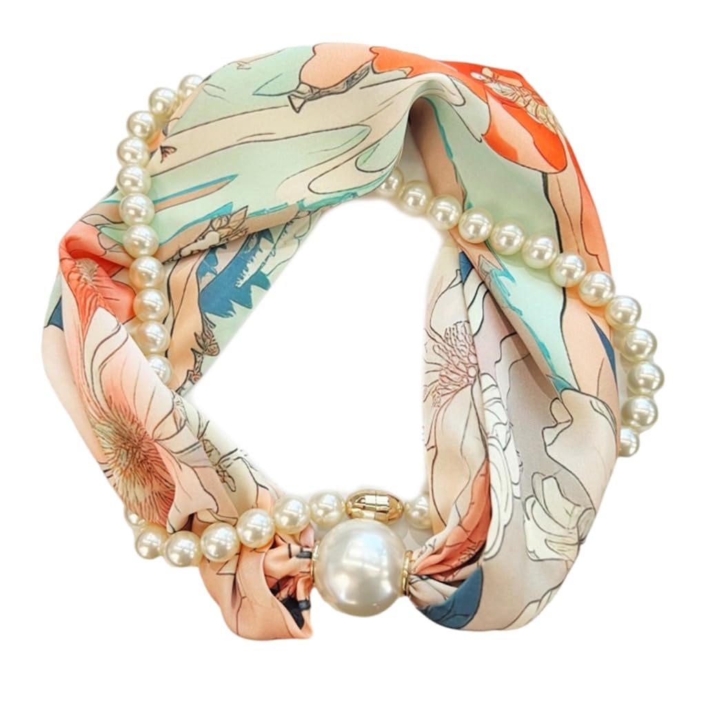 QUEENYARD Women Scarf, Magnetic Clasp Pearls Chain Necklace Floral Satins Scarf Elegant Silk Skinny Narrow Neckerchief for Fashionable Women
