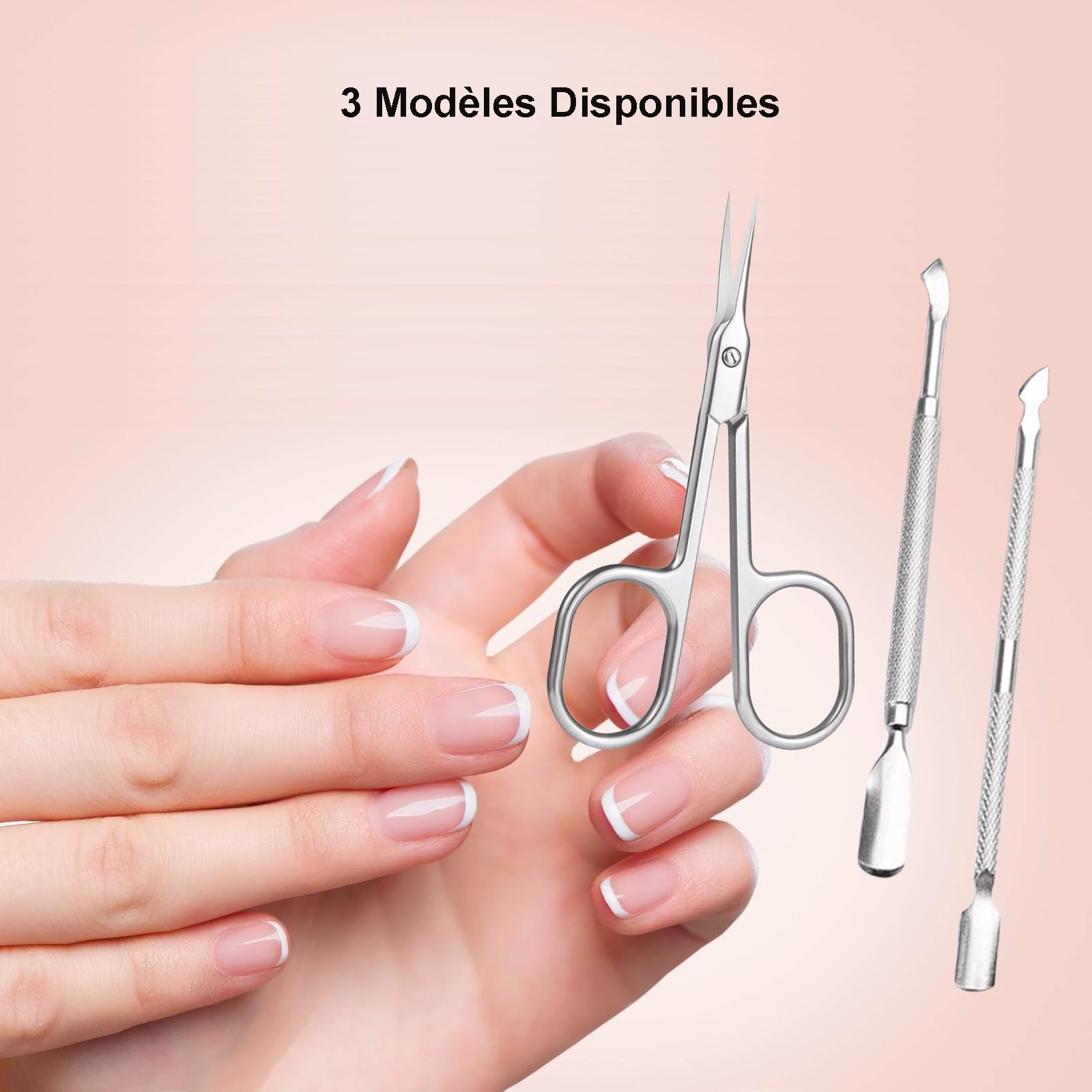 Ciseaux à Cuticules Professionnels + Pousse-Cuticules Double-Fonction (3 Pièces) - Kit Manucure/Pédicure en Acier Inoxydable Anti-Corrosion - Précision Salon (Argent)