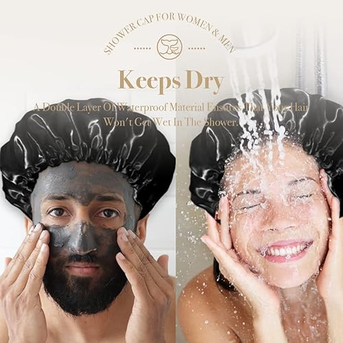 Miniatura 2 de Gorro de ducha reutilizable extra grande para hombres y mujeres (negro, paquete de 4) satén de doble capa EVA impermeable larga gorra de pelo largo