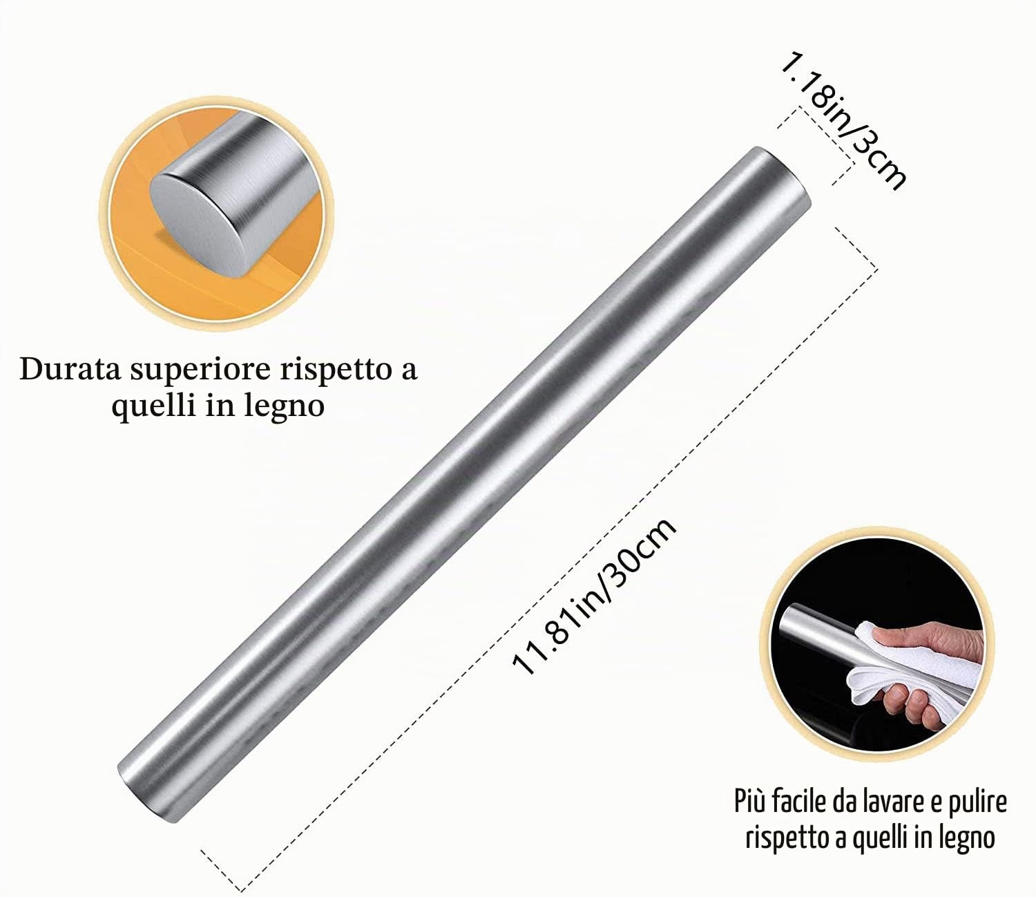 bimiti Tagliere in acciaio inox per proteggere il piano di lavoro, 80 x 50 cm, extra large, tagliere da pasticceria, con bordo e mattarello