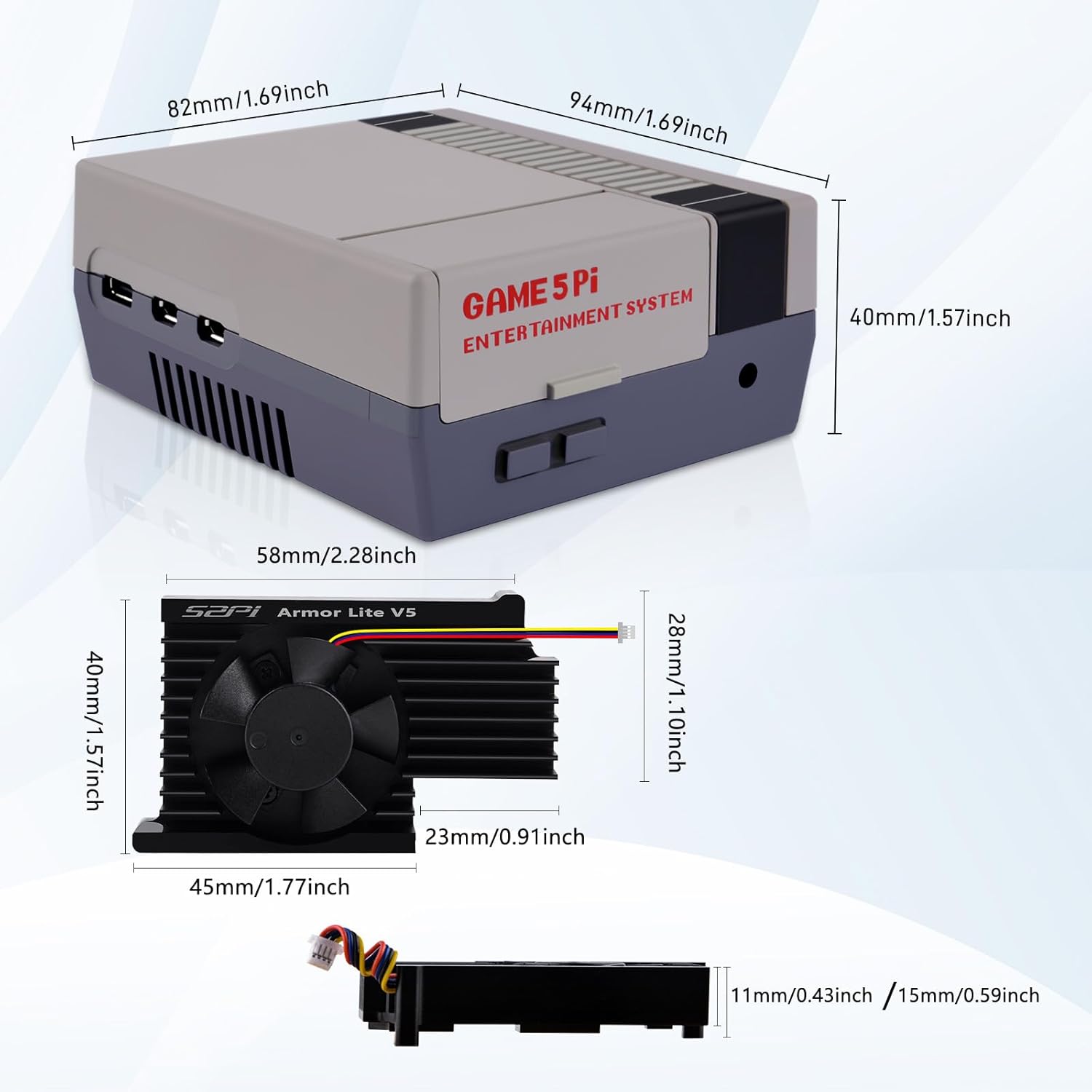 Dimensions of the GeeekPi Game5Pi Case and the Armor Lite V5 cooler.