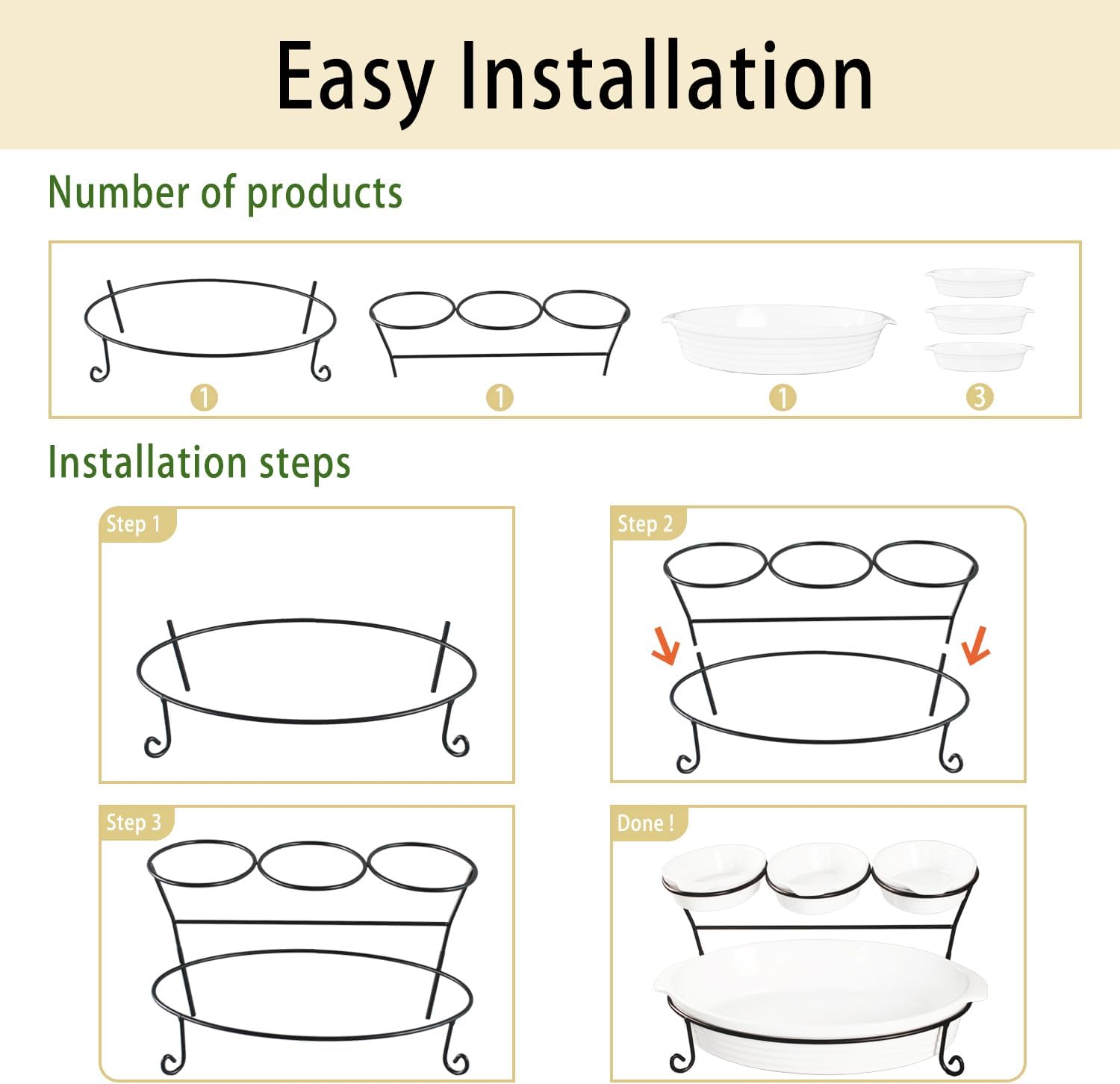 Ceramic Double-Layer Tray with Foldable Black Stand and Handle for Food Display, Fruit, Multi-Purpose Tableware, Includes 1 16-inch Baking Pan and 3 8-inch Small Baking Pans