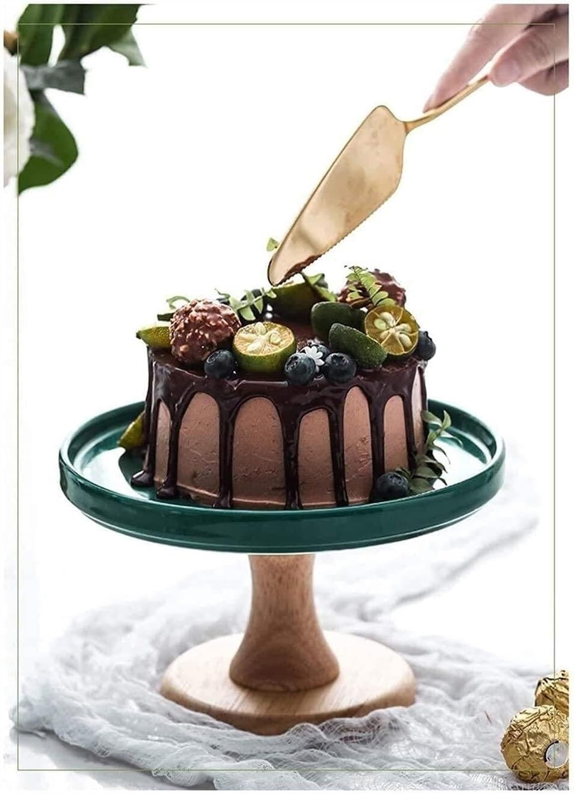Soporte para Pasteles, Bandeja de cerámica para repostería con Base de Madera para Fiestas, Bandeja de Vidrio para postres, ensaladas, Sushi, Funda para donas, Almacenamiento