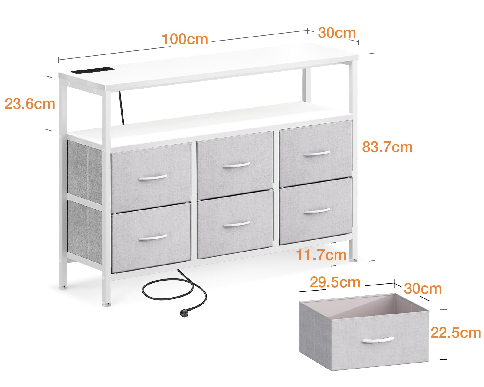 ODK Cassettiera Como Camera da Letto,con 2 Prese e 2 Porte di Ricarica USB,Contiene 6 Cassetti Grandi Cassettiera Cameretta,Comò Camera da Letto Cassettiere e Credenze Per Soggiorno,Bianco