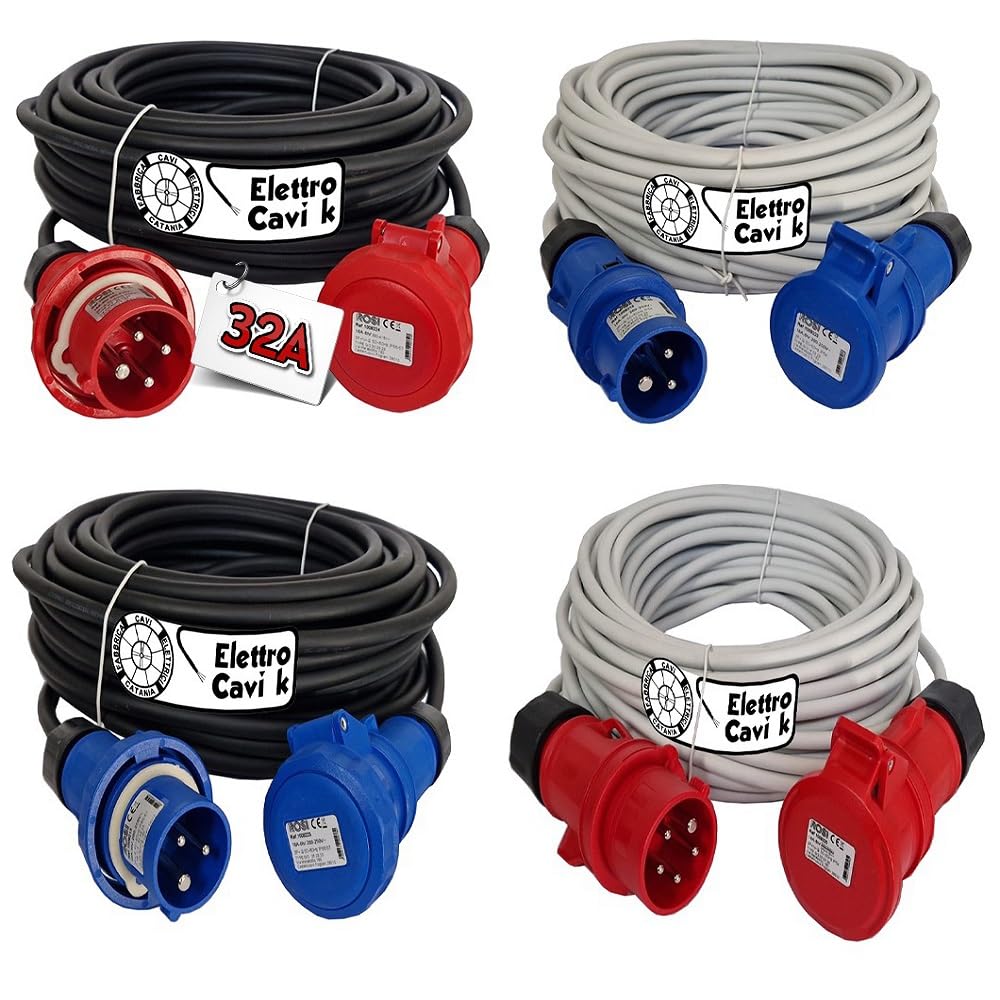 Elettrocavi K - 32A H07RN-F 5G4 mm² Prolunga Elettrica Industriale 15 Metri 32A Trifase CEE 380V 3P+N+T IP67 5 POLI 14,5 kW Super Flessibile Impermeabile Professionale Made in Italy