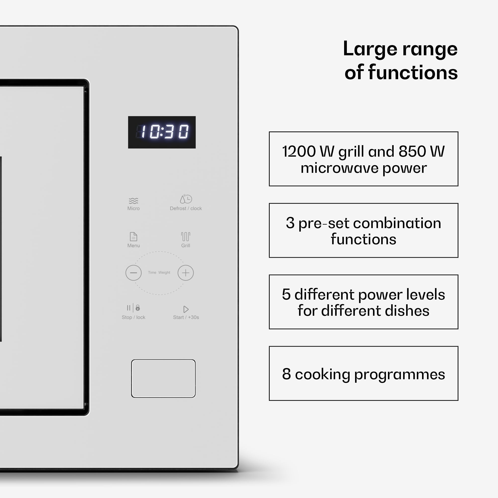 Klarstein Velaire do zabudowy mikrofalowej, 25 litrów z grillem - 850 W, grill 1200 W, 8 programów, sterowanie dotykowe, stal nierdzewna, taca 31,5 cm - do zabudowy w kuchence mikrofalowej, biała