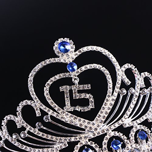 Frcolor 15 Birthday Tiara Crystal Rhinestone 15th Birthday Crown with Pbs (azul prata)