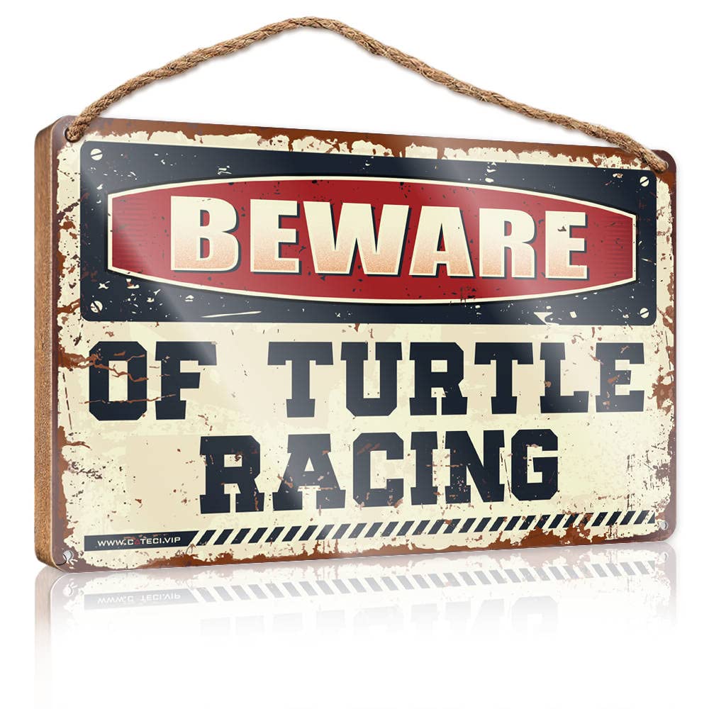 DTHA Funny Bedroom Decor Beware Of Turtle Racing Wooden Sign Man Cave Furniture Large Home Sign(15X28CM)