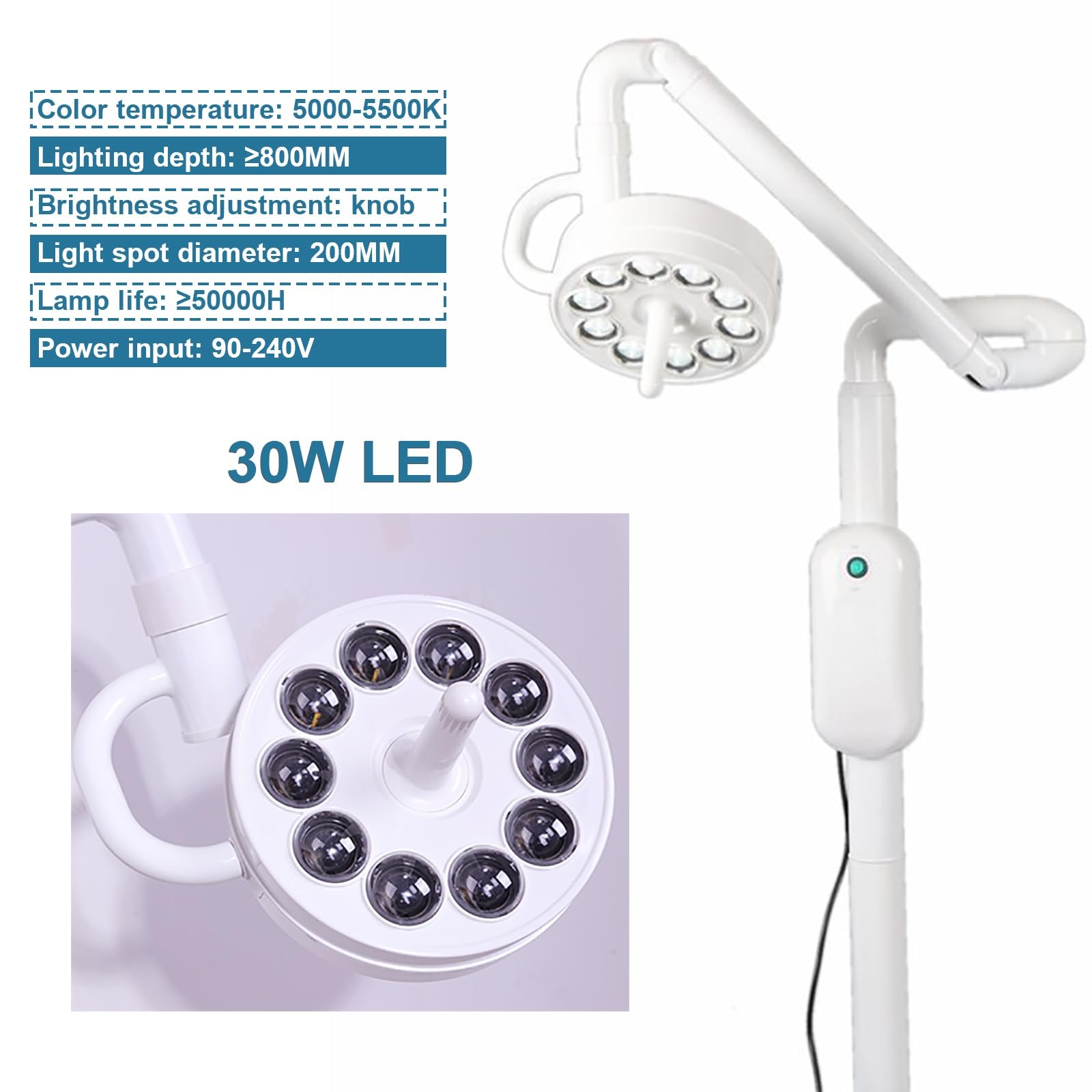 Lampada per Visita Chirurgica Mobile 30W LED Luce Chirurgica Senza Ombre Lampada per Visita Medica per Odontoiatria Bellezza Ginecologia ORL Chirurgia Veterinaria