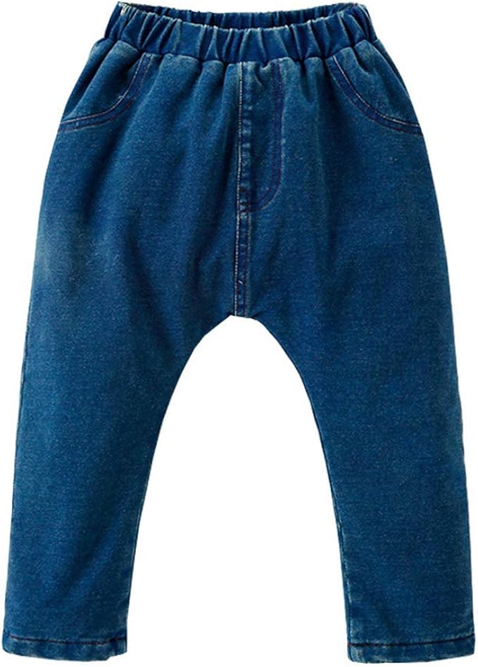Kids Toddler Boys Fleece Jeans Solid Pants,Child Elastic