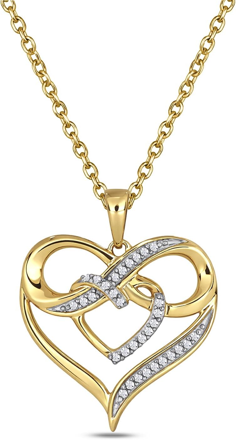 Cali Trove 1/10ct Natural Diamond Double Heart Infinity Pendant Necklace for Women | 10KT Gold Heart Infinity Pendants for Her |Mother's day Jewelry Gifts in Pink, White or Yellow Gold