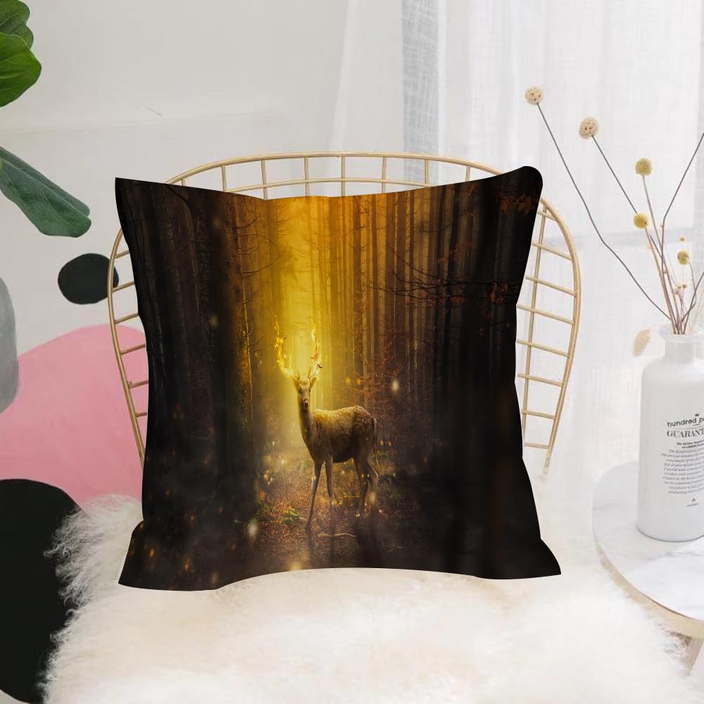 HYOSXW Cushion Cover,Throw Pillow Case Home Decorative for Living Room Bedroom Sofa Chair 16X16 Inch,Forest Deer Fantasy Animal Theme Forest Plant,Pillowcase 40X40cm