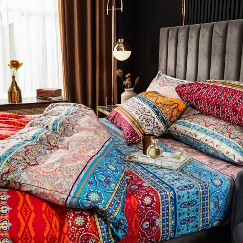 Bohemian Duvet Cover Queen Colorful Floral Boho Striped Bedding Set Ultra Soft Microfiber Double Duvet Cover Southwestern Indian Tribal Reversible Bedding Exotic Style Decor Boho Comforter Cover - 2
