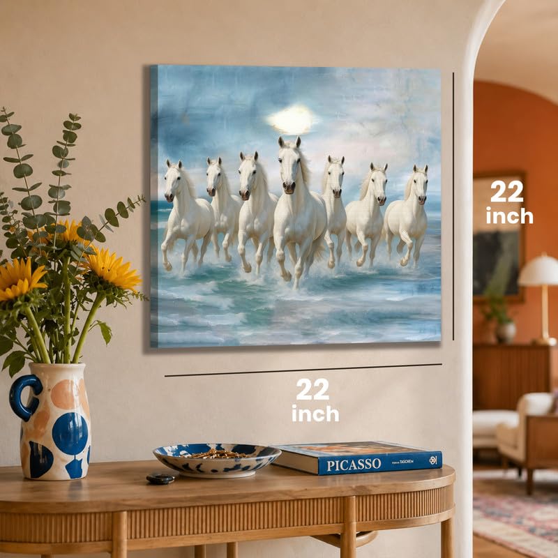 Image of PAINTINGMANTRA 7 White Running Horses Canvas Wall Art Painting For Living Room|Seven Running Horses Vastu Feng Shui Stretched Canvas Painting For Bed Room, Home & Office, 22x22 Inch