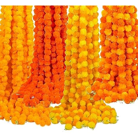 Marigold Garland for Decoration,10pcs-5 ft Long Orange Artificial Marigold Flowers Garland Wedding Parties Diwali Indian Décor for Pooja Theme Home Day of The Dead Altar Dia de Muertos ofrendas Decor Cover