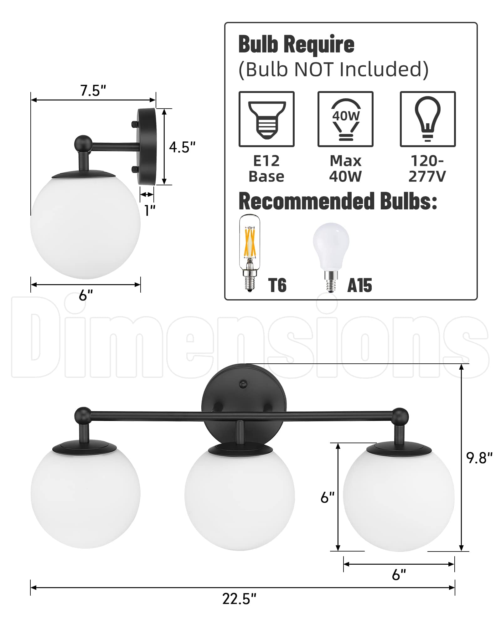 AKEZON Black Vanity Lights for Bathroom, Farmhouse Bathroom Light Fixtures 3-Light Over Mirror with Milky Glass Globe Shade, KW-7307-3