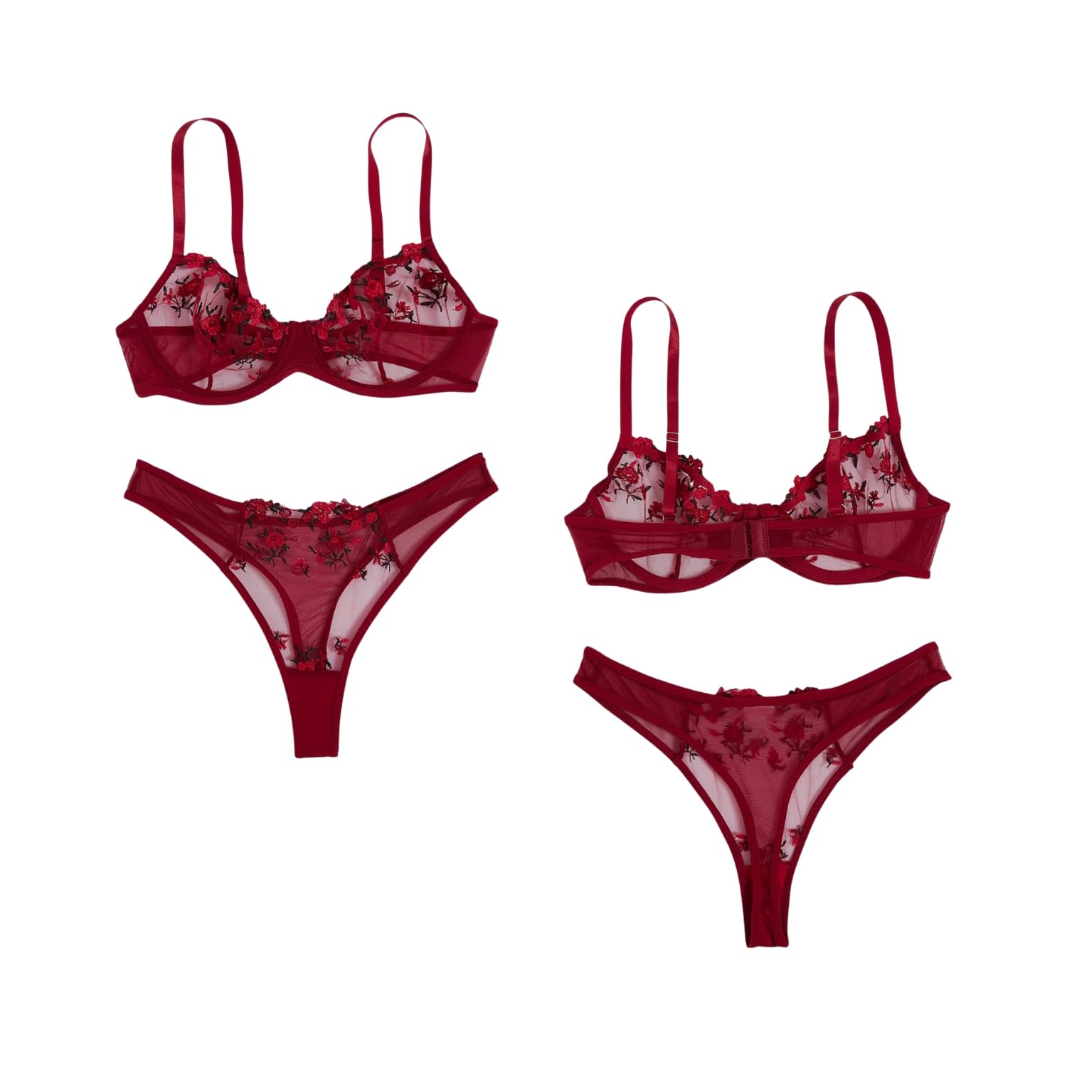 ROSVAJFY Sexy Dessous-Sets für Damen Blumen Bestickt Netz 2 Teiliges Unterwäsche Set Bügel BH und Slip Set Transparent Spitze Reizwäsche Flirty Lingerie Frauen Babydoll Dessous S-XL
