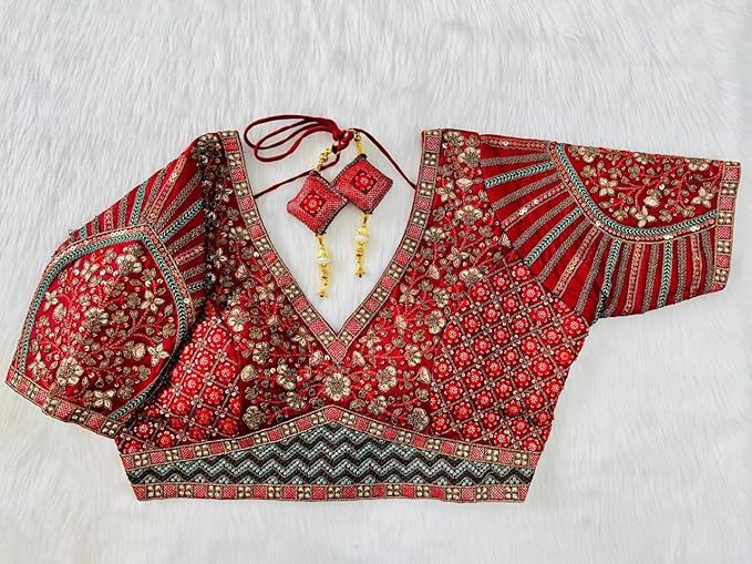 Image of Pujia Mills Mills Women's Fancy Readymade Heavy Coding Embroidary Worked Half Sleeve Multicolor Saree Blouse(Mushroom)