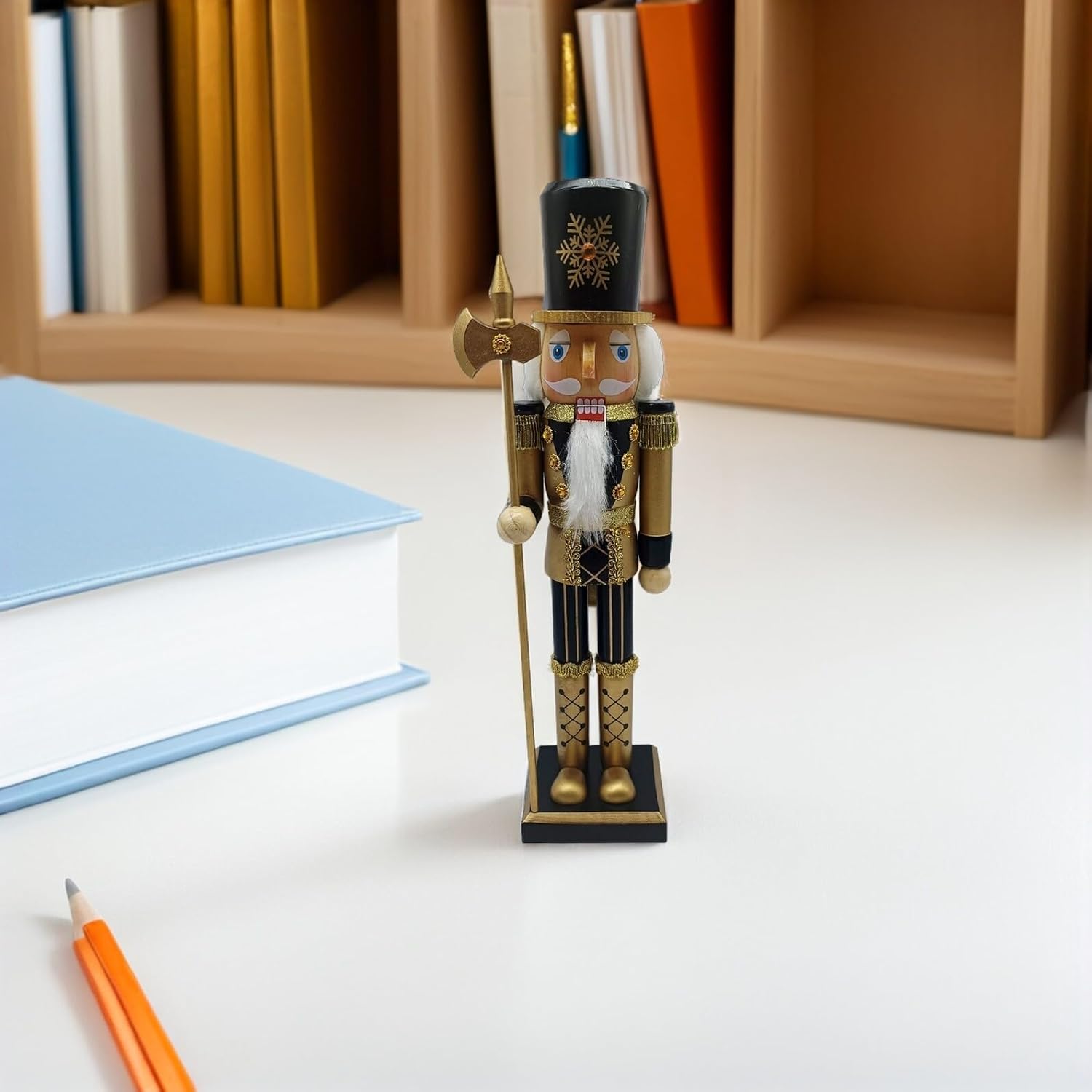 Traditional Black and Gold Wooden Nutcracker Soldier Figure, Christmas Nutcracker Ornament for Holiday Tabletop Décor and Festive Home Display