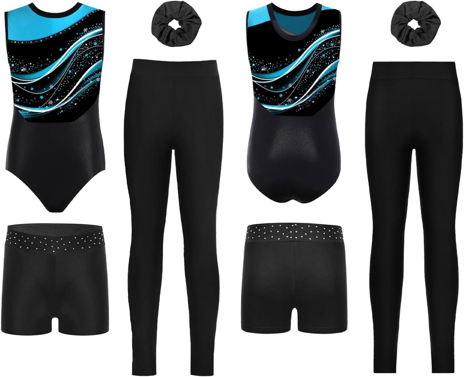 YiZYiF Figure Skating Outfits for Girls Sports Workout Gymnastics Leotards 4-Piece Activewear Set Active Dance Unitard Light Blue 10 Years