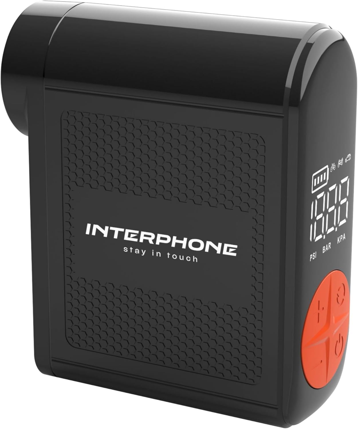 Flanko view of the INTERPHONE Portable Air Compressor showing the integrated inflation hose.