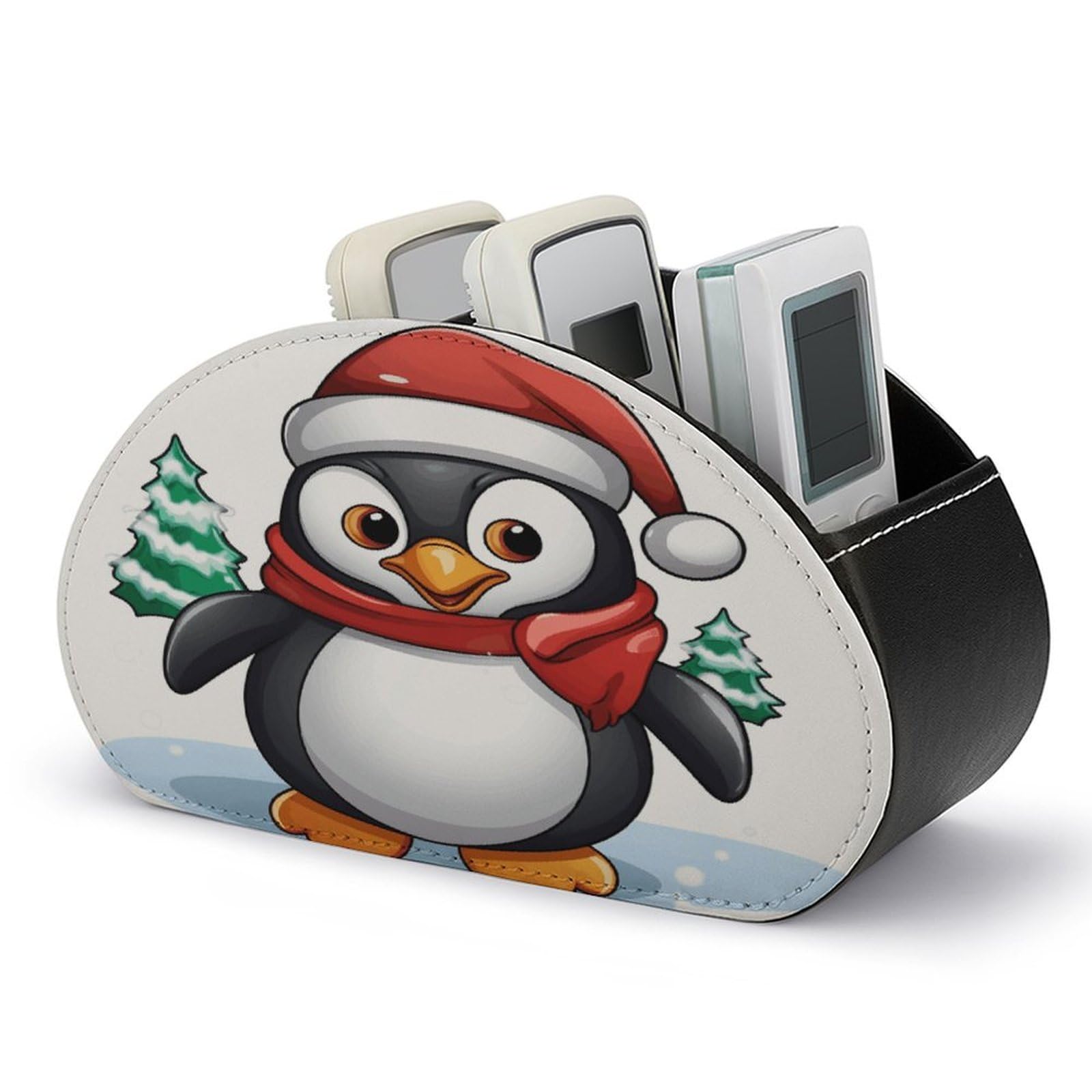JTREHY - Christmas Penguin Remote Control Holder 5 Compartments PU Leather Tray TV Storage Box Bedside Storage Organizer for