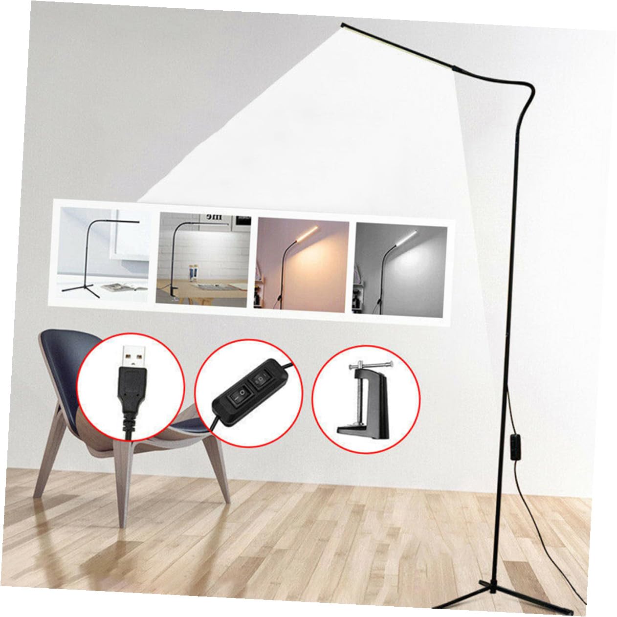 WOONEKY Lámpara de Lectura LED de Brazo Largo con Clip, Negro | Cuello de Cisne Flexible, 1 Juego, Aluminio E Hierro, Luz sin Deslumbramiento Parpadeo
