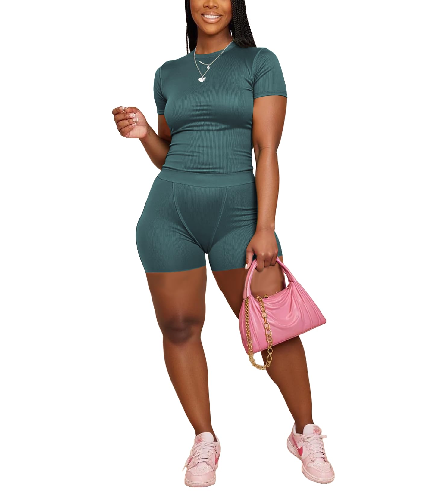 PINSV 2 Piece Sets for Women Summer Workout Sets Fitted Crew Neck T-shirt High Waist Jogger Legging Short