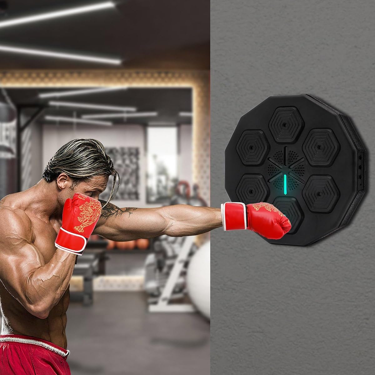 Máquina de Boxeo Inteligente para Interiores, con luz LED Bluetooth montada en la Pared, con música, Guantes de Boxeo, Almohadilla de Boxeo con música electrónica para Entrenamiento de Boxeo en casa,