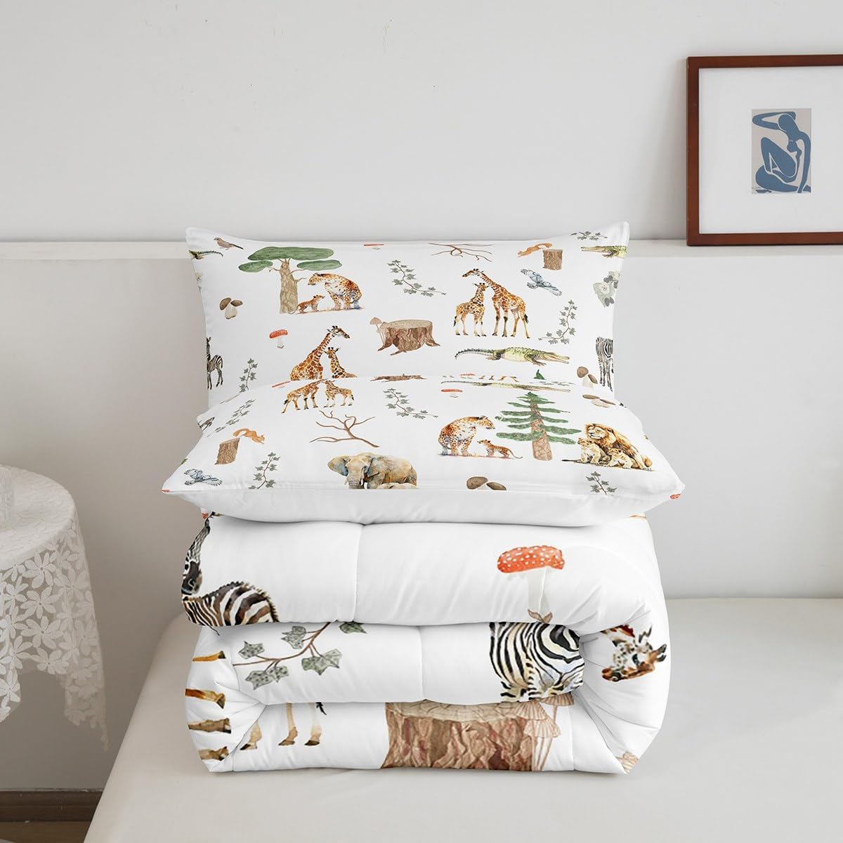 Feelyou Nursery Jungle Animals Comforter Set Twin Size, Yellow Giraffe Elephant Bedding Set for Boys Girls Safari Animals Comforter Safari Adventures Duvet Set