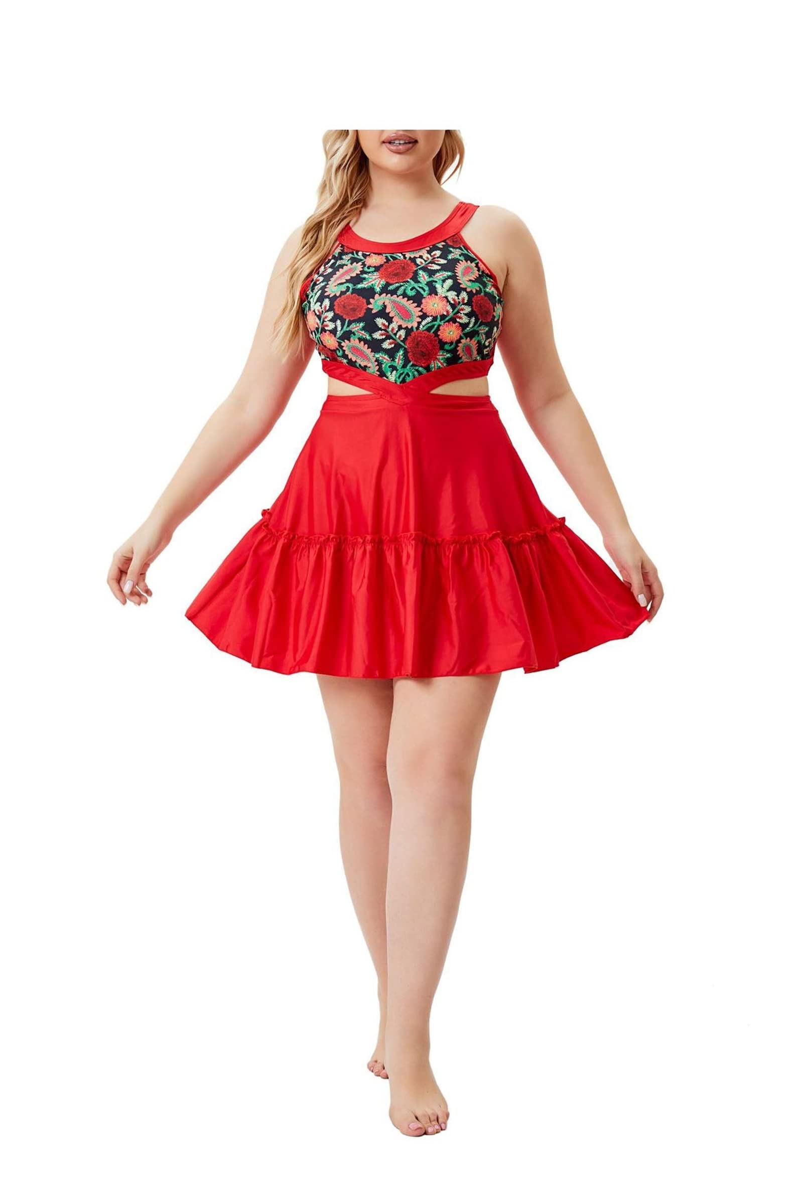 Badeanzüge für Damen Sexy, Badeanzug Set Blumenmuster Ärmellos für Strandparty im Freien Größe Groß-4XL