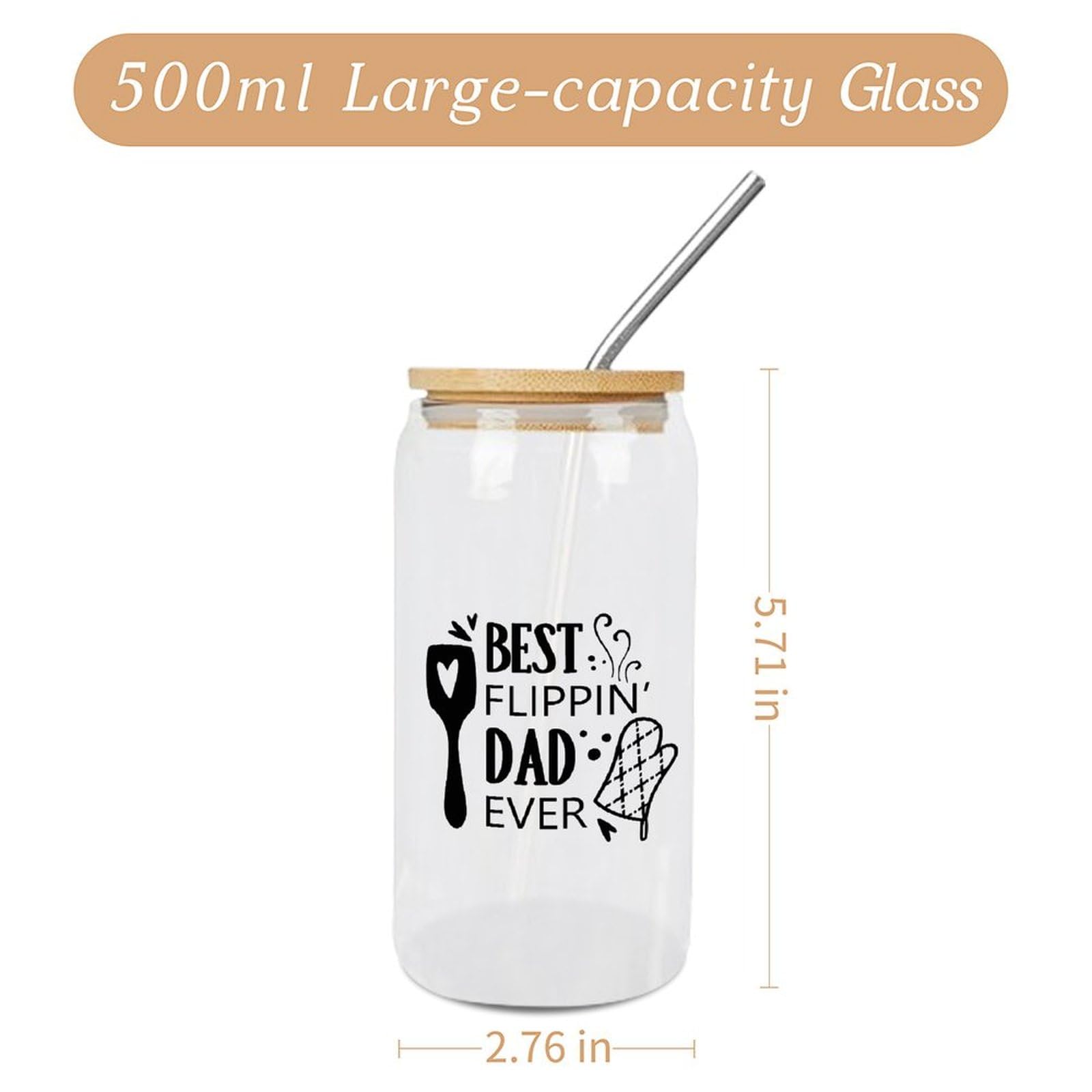 Luckluccy Best Flippin' Dad Ever Glass Cup Glass Cup with Bamboo Lid And Straw Sayings Lettering Can Beer Cups For Juicing Coffee Soda Tea 16OZ