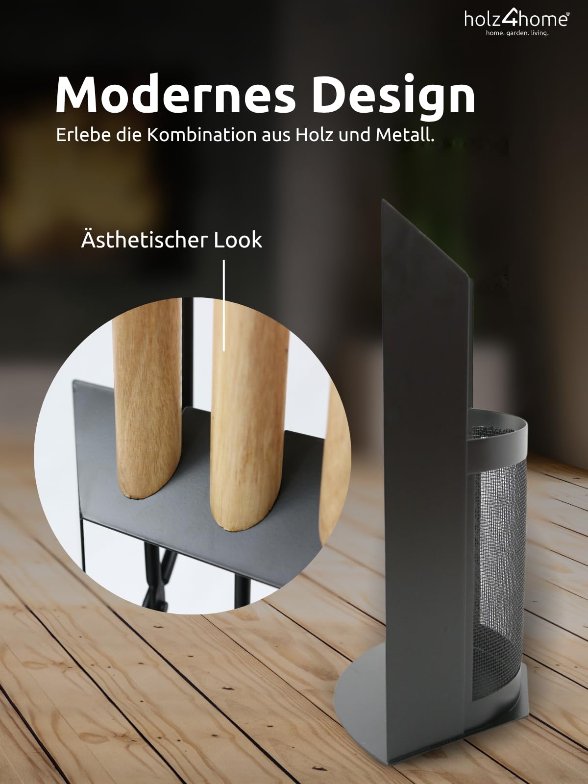 holz4home® Kaminbesteck 6-tlg. Schwarz mit Holzgriff inkl. Ofenhandschuh hitzebeständig I Kaminset Kamingarnitur Ofenbesteck Schürhaken Besen Ascheschaufel