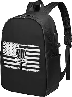 Disc Golf Vintage USA Flag Travel Laptop Backpack Bag with USB Charging Port 17 Inch Computer Business Backpacks for Women Men Work College Gift,Casual Daypack,Black