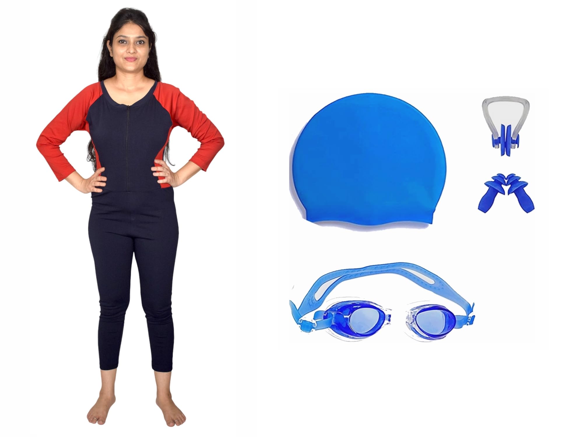 aqua holic Women's Swimming Full Suit with Swimming 1 Anti Fog Swimming Goggles + 1 Silicone Swimming Cap+ 1 Nose Clip+ 2 Ear Plugs-picture-37