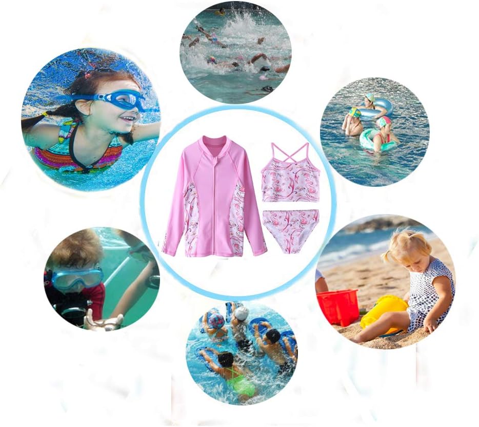 Girls Rash Guard 3-Piece Swimsuit Set UPF 50+ UV Surfing Sunsuit Jacket+Bikini +Bottom Kids Summer Beach Bathing Suit