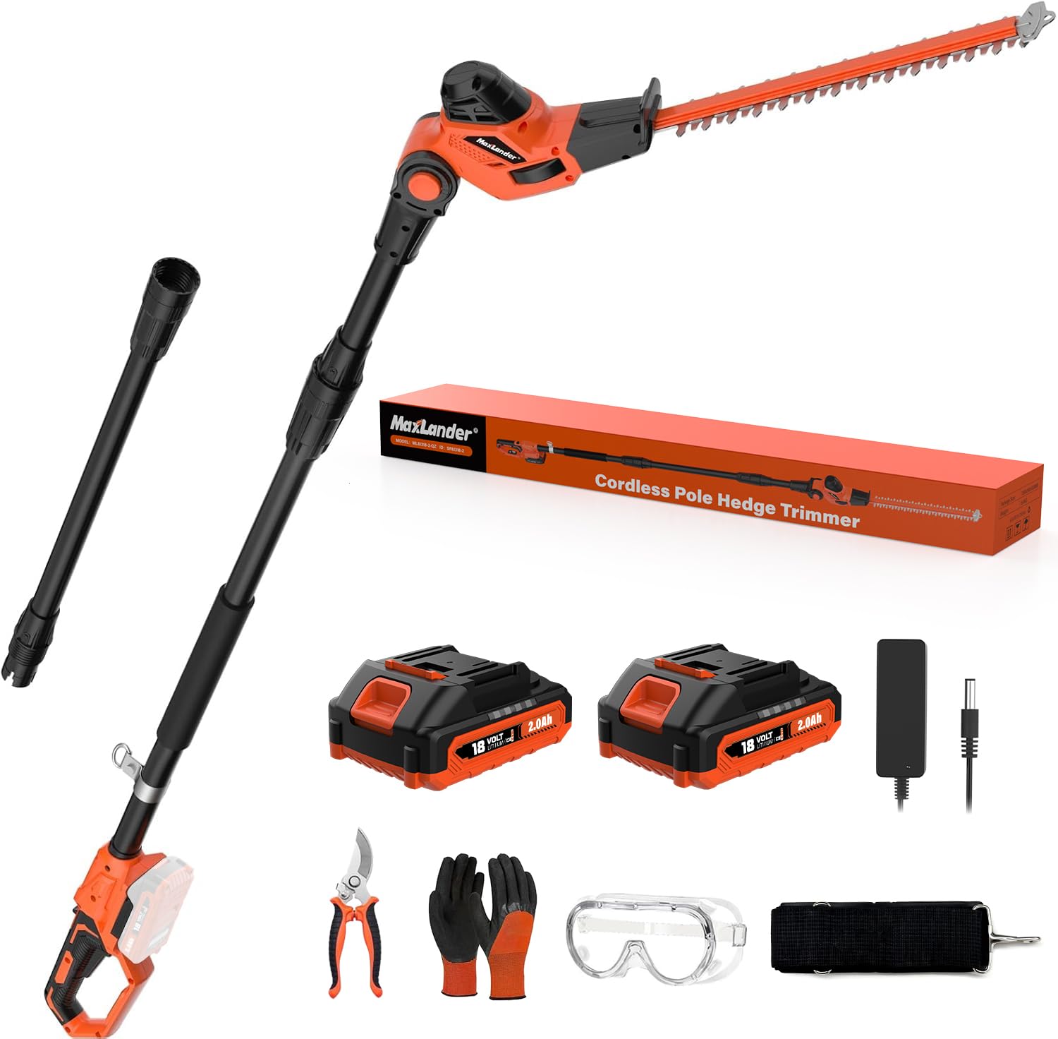 MAXLANDER Pole Cordless Hedge Trimmer,45cm Long Reach extendable Hedge Trimmer,Reach Up to 2.8m, Multi-Angle Adjustable,2 x 2.0Ah Battery and Charger Included