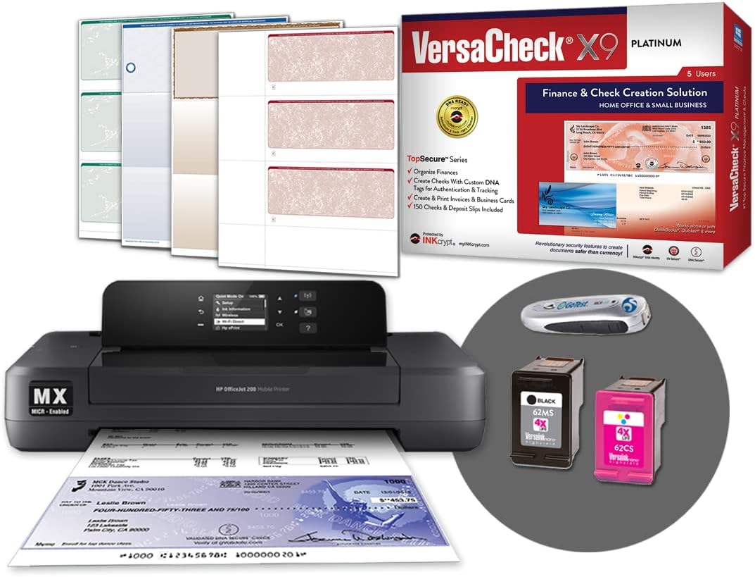 HP Officejet 200 MXE Portable Wireless MICR Check Printer X9 Platinum 5-User Check Printing Software Bundle