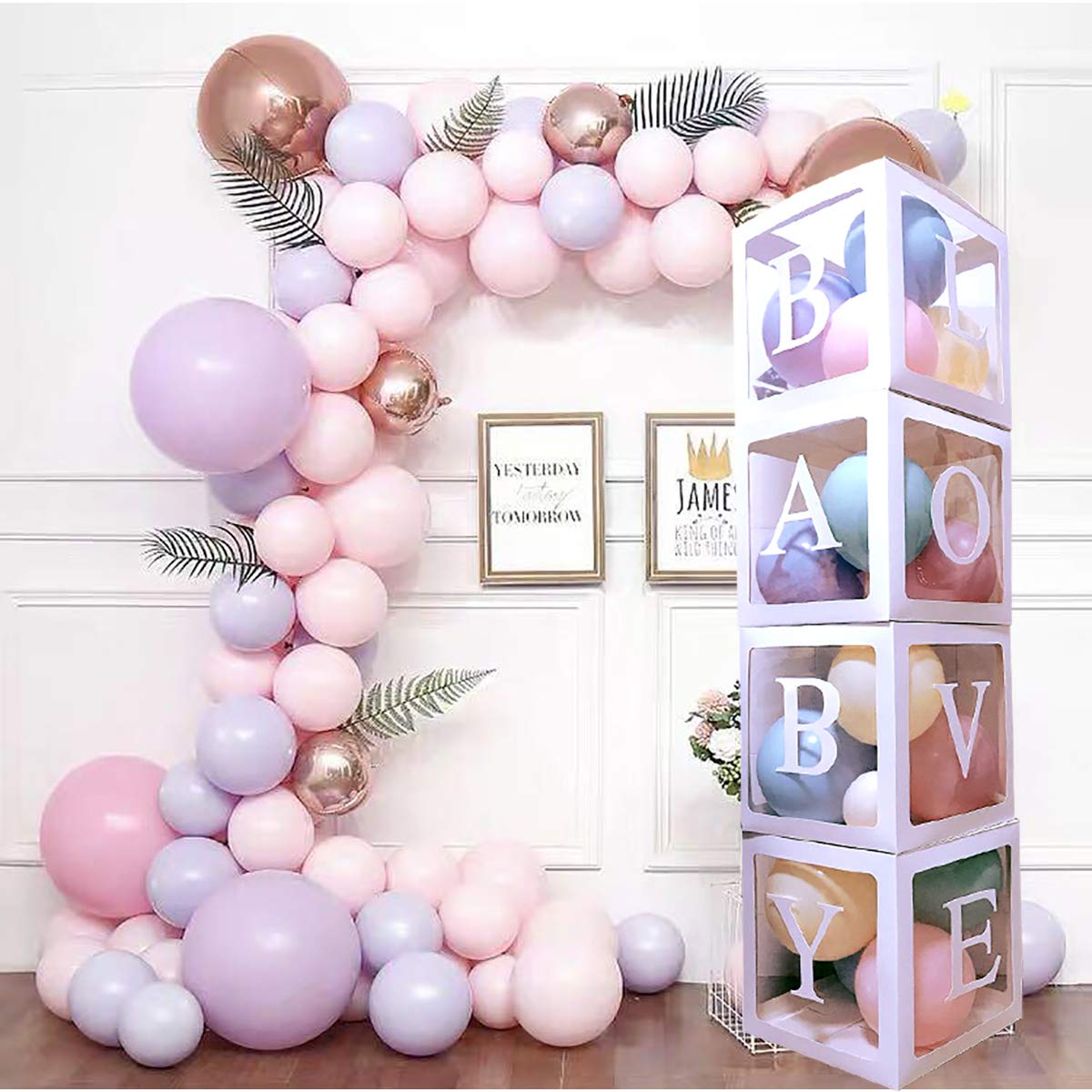 BOLIHOMES 4PCS Balloon Boxes for Baby Shower With"LOVE"&" BABY"Letter and 40 Party Balloons (Macaroon) White Box for Boys Girls Showers Gender Reveal Birthday Party Decorations…