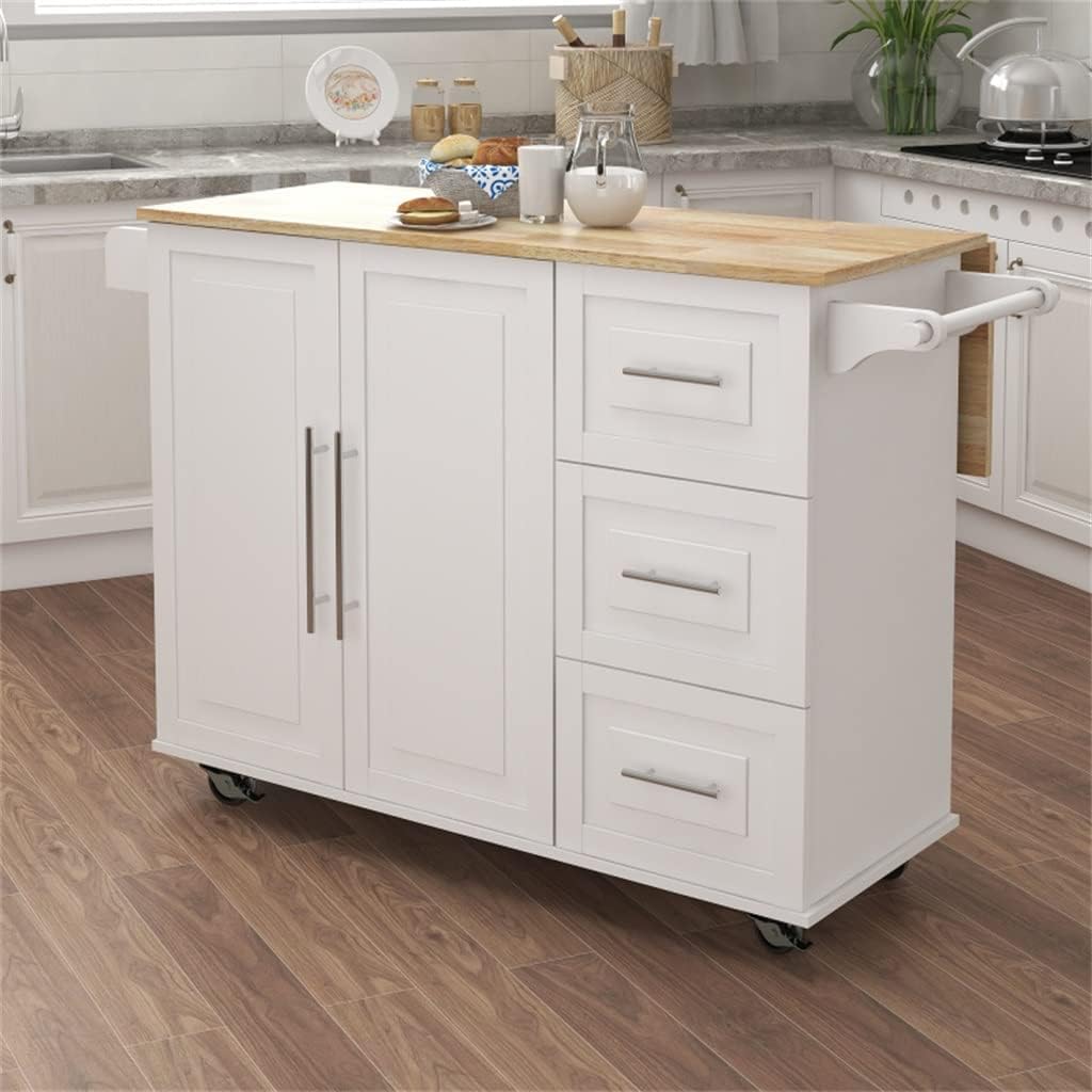 Kitchen Island Cart On Wheels,Rolling Kitchen Cart with Solid Wood Countertop and Spice Rack, Rolling Kitchen
