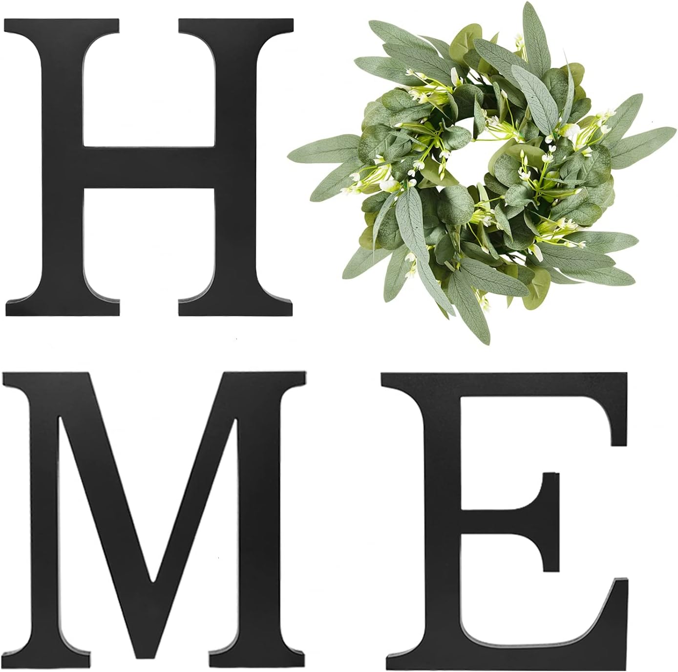 YoleShy Hanging Wooden Home Sign Wall Decor, Wood Home Letters for Wall with Wreath Artificial Eucalyptus, Farmhouse Wall Decor for Living Room Kitchen Entryway Decor, Housewarming Gift (Black)
