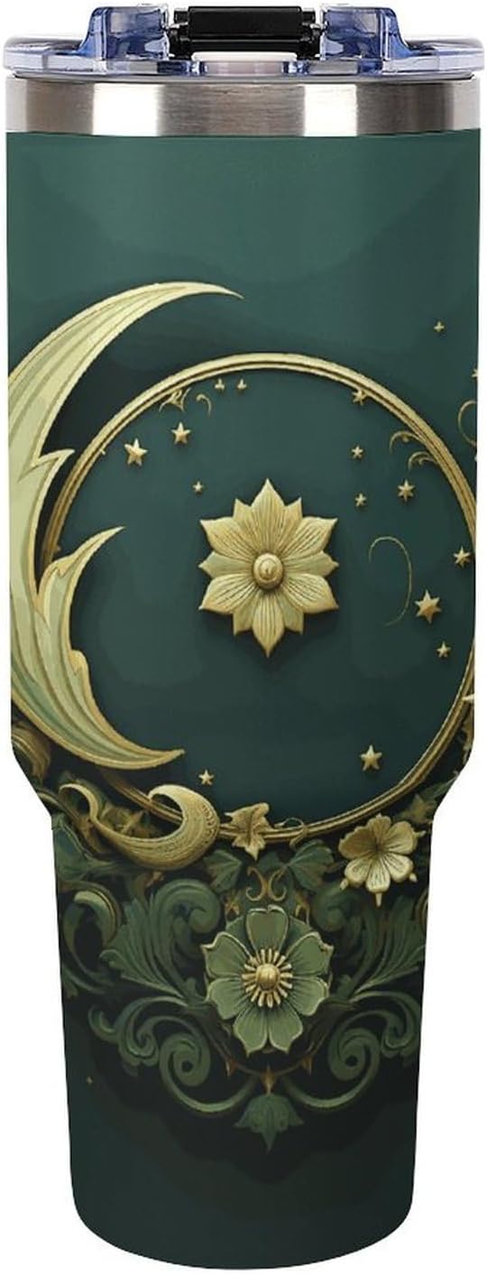 40 Oz Insulated Mug with Handle, Stainless Steel Ramadan on Green Wallpaper Printed Travel Mug Portable Leak-proof Large Car Mug for Home, Office Or Car